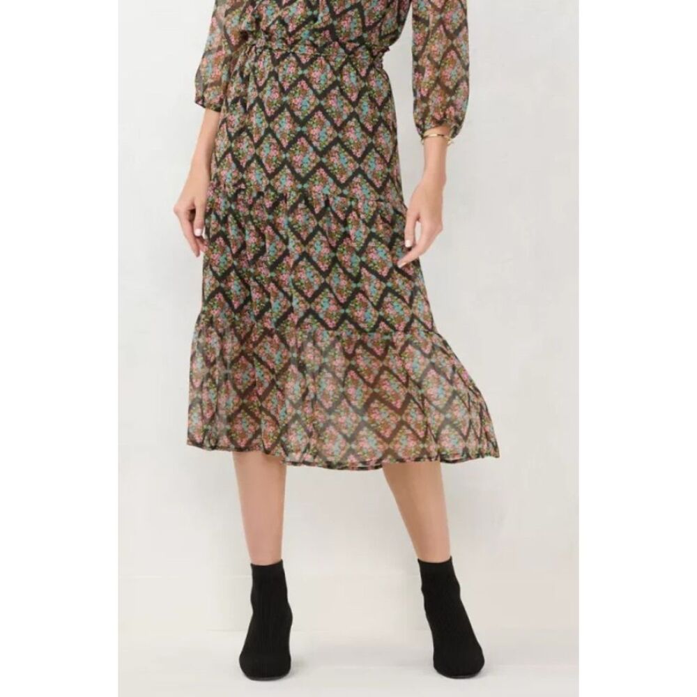 NEW NWT Black Floral Sz Medium Tiered Flowy Chiffon Midi Skirt LC LAUREN CONRAD
